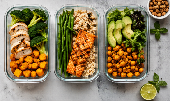 Meal prep bokse med kylling laks grønt og avocado