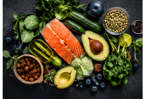 Friske råvarer med laks avocado grønt olie og bær