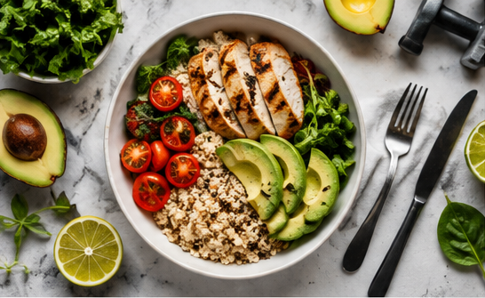 Proteinrig bowl med kylling avocado tomater lime og quinoa